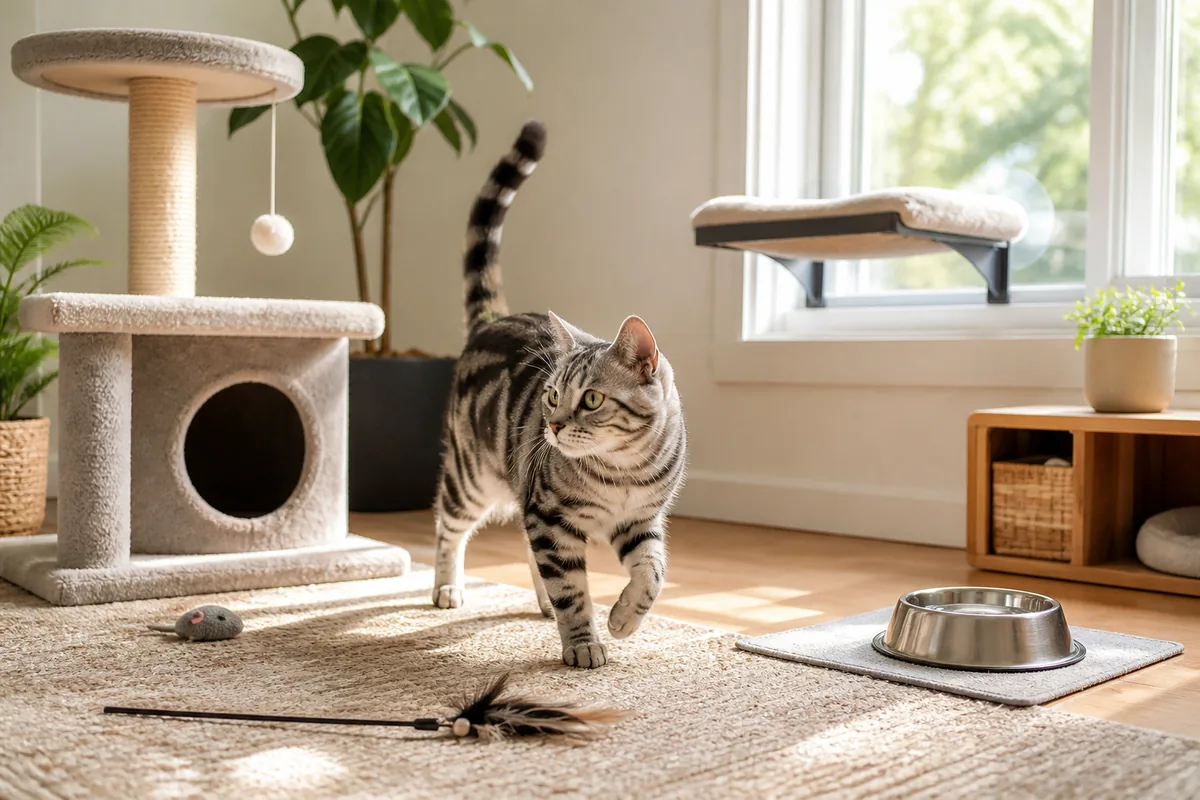 低いキャットタワーと爪とぎのある室内を歩くアメリカンショートヘア