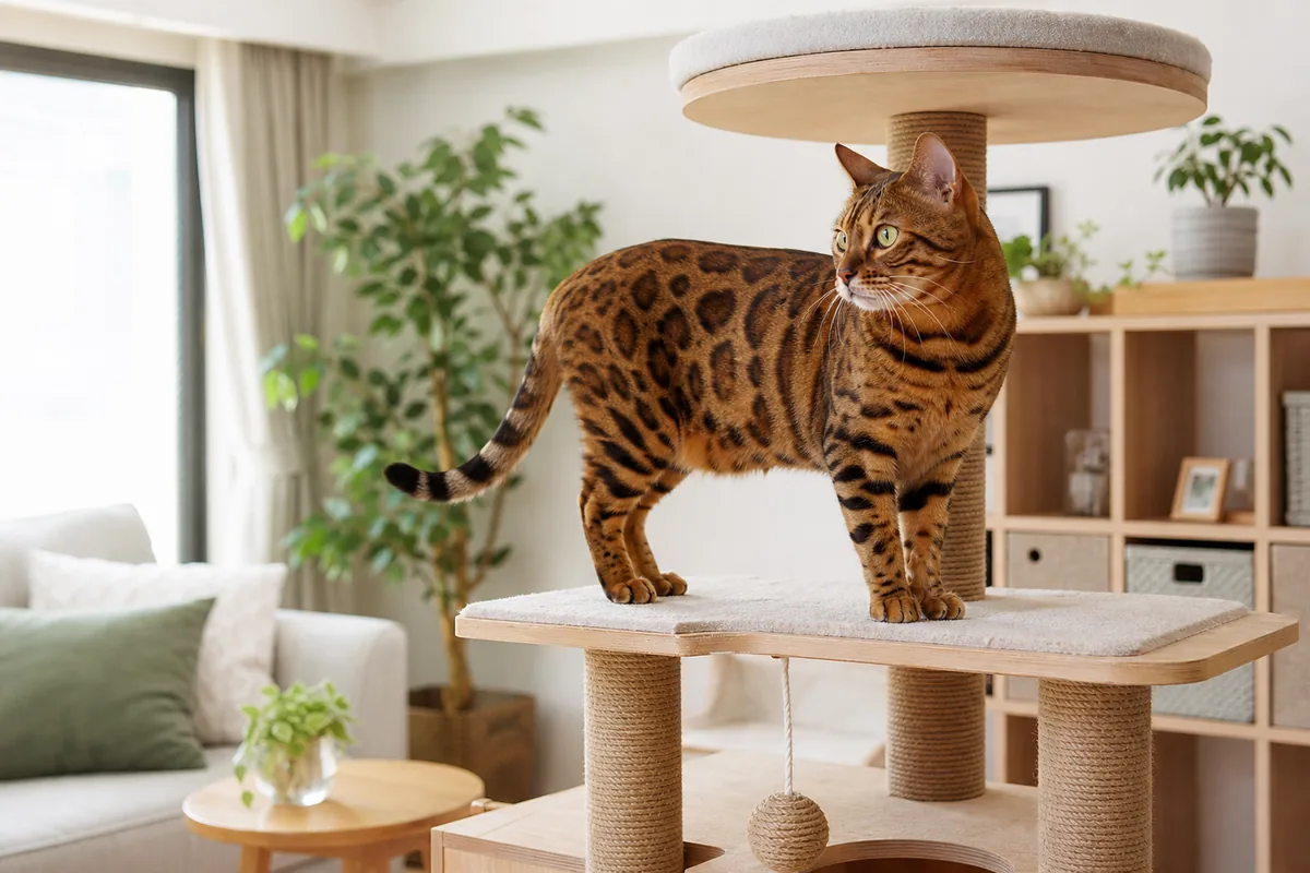 ロゼット柄のベンガルが室内のキャットタワーに立つ様子