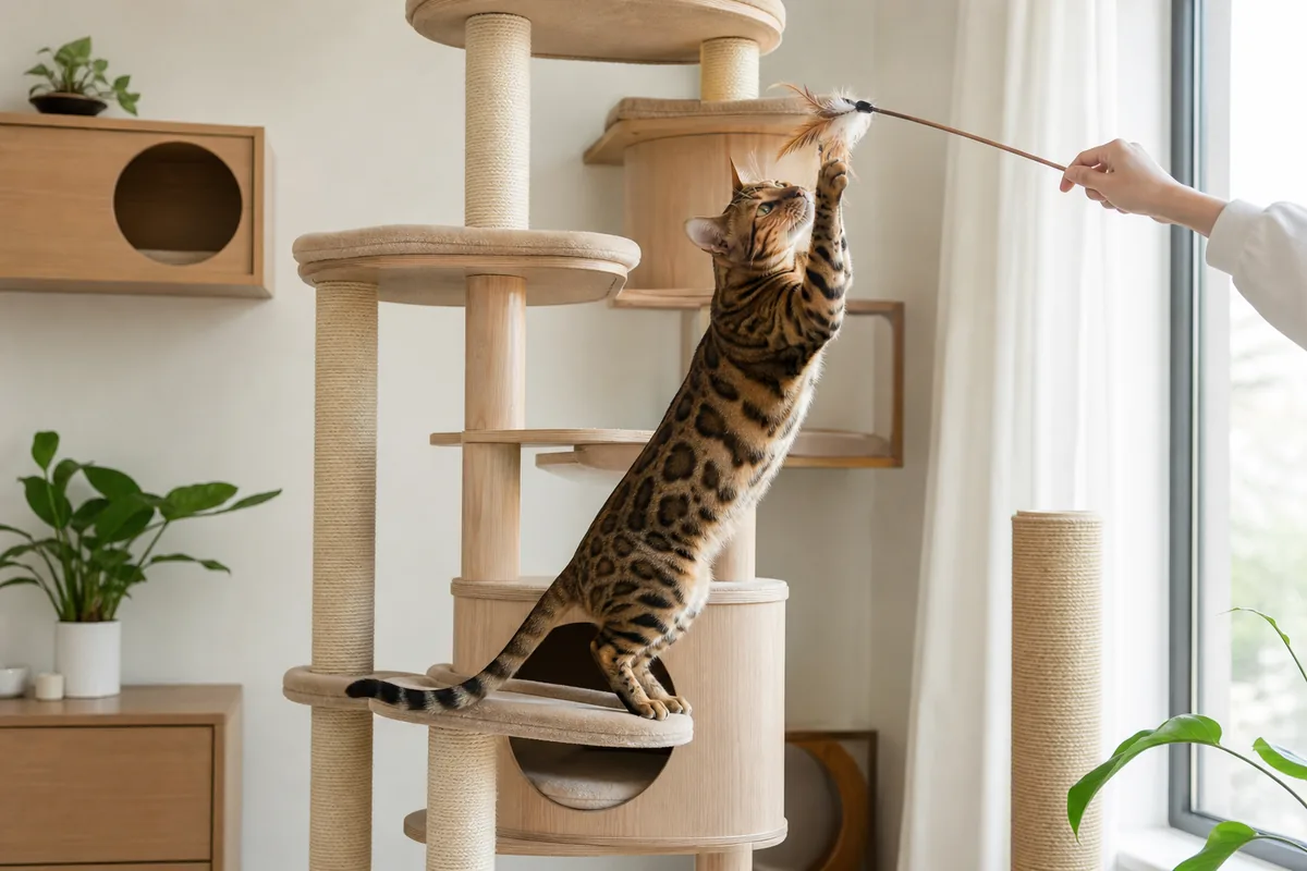 キャットタワーで羽のおもちゃを追うベンガル