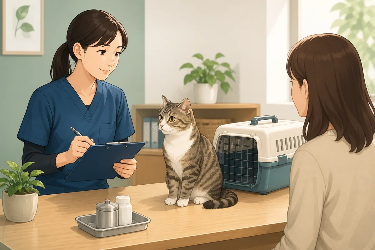 腫れのある猫を獣医師が診察し、飼い主が費用と受診メモを確認している明るい診察室