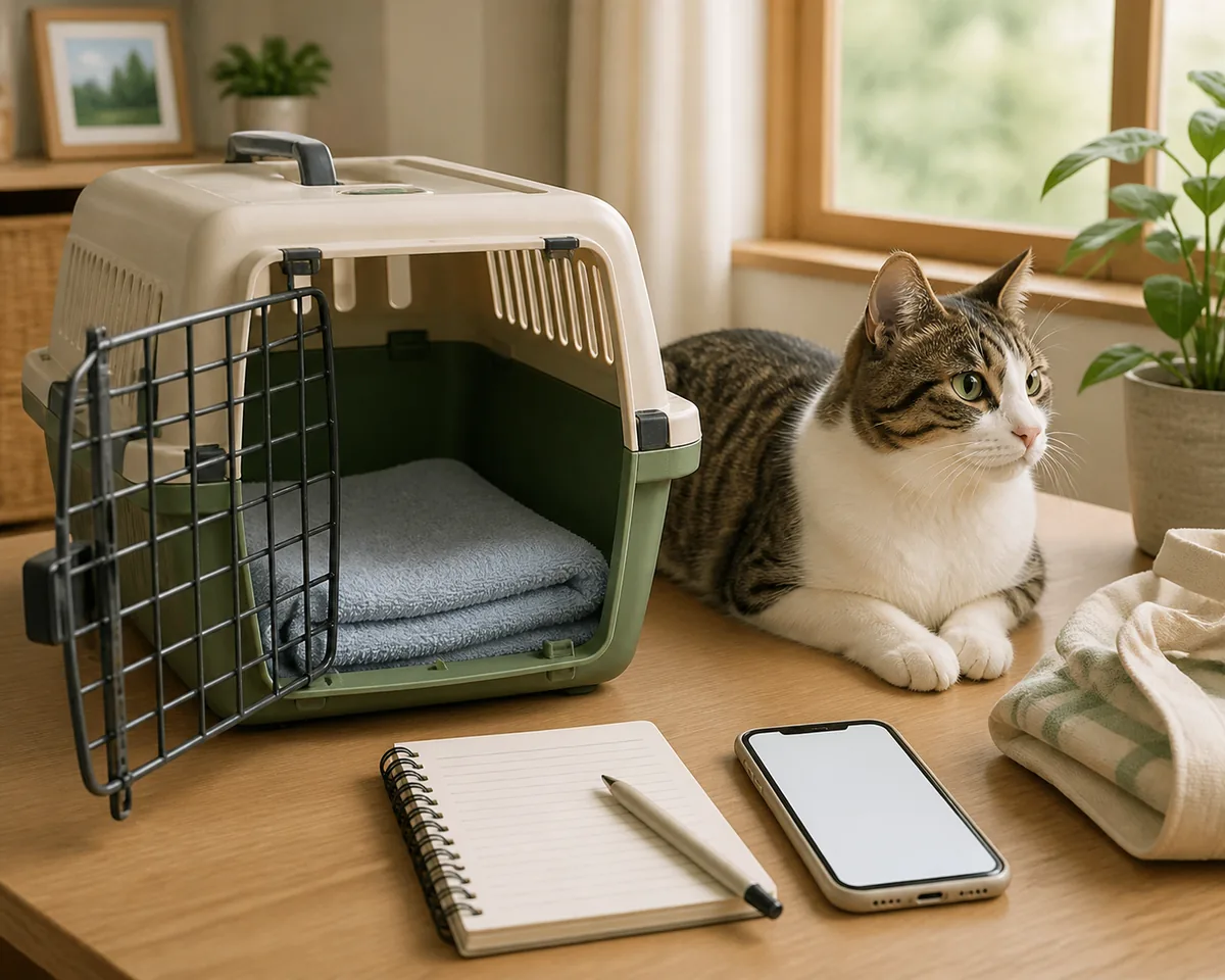 猫をキャリーに入れて受診する前に腫れの写真とメモを確認する飼い主