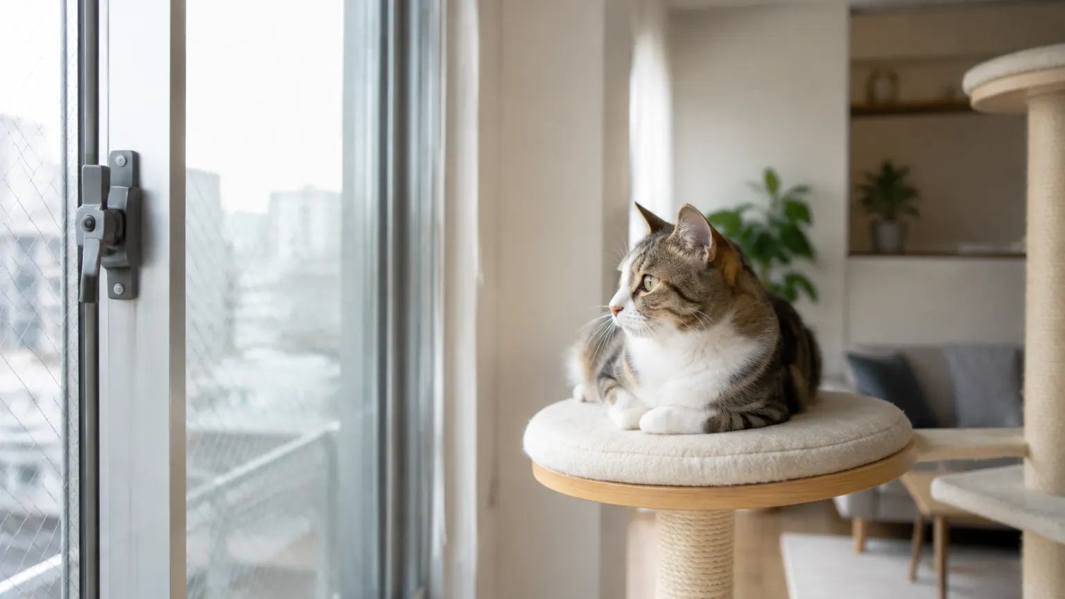 マンションの窓辺で安全対策を整えた高い台に座る猫