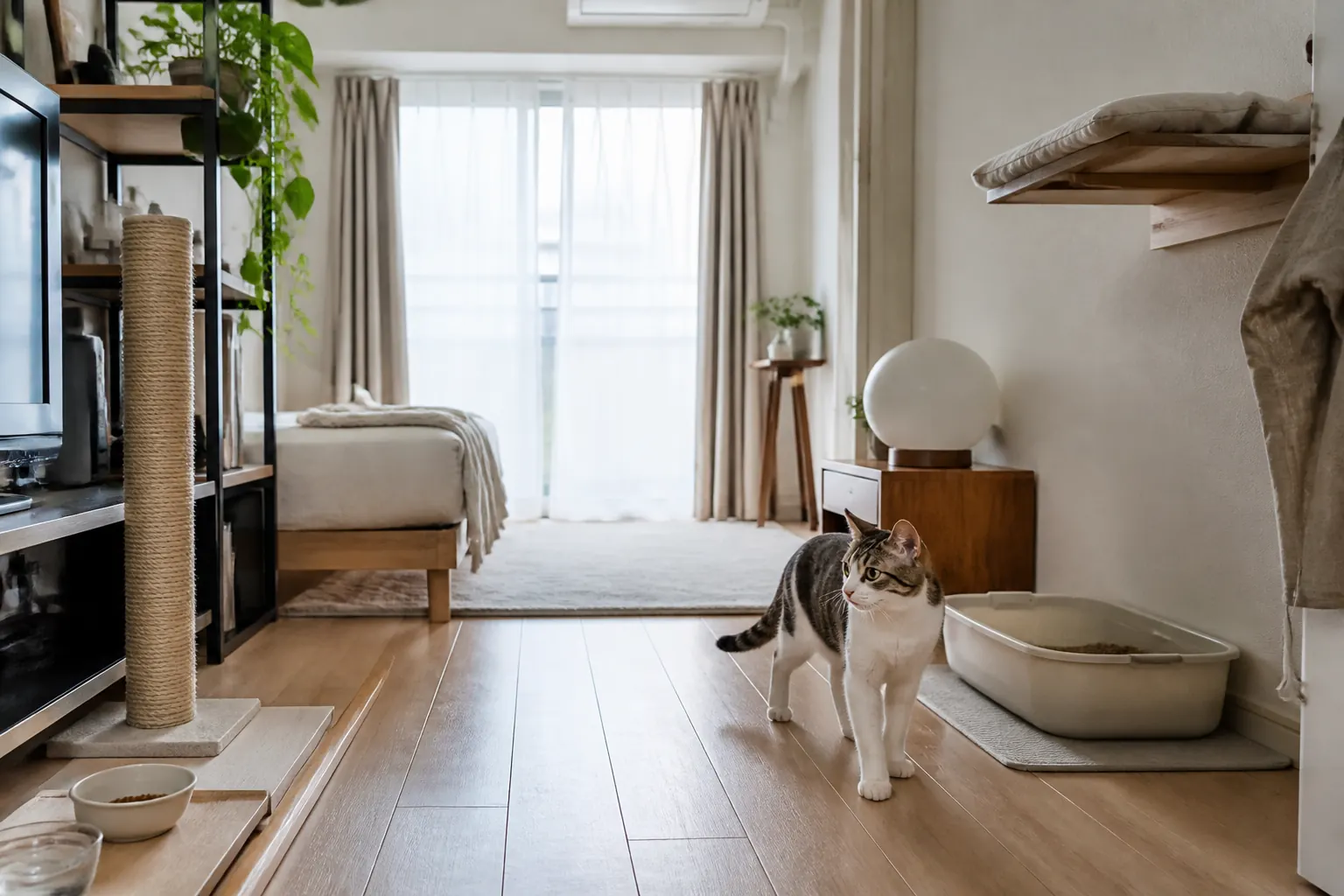 食事と水、猫砂、爪とぎ、休み場所を分けて配置したマンションの部屋
