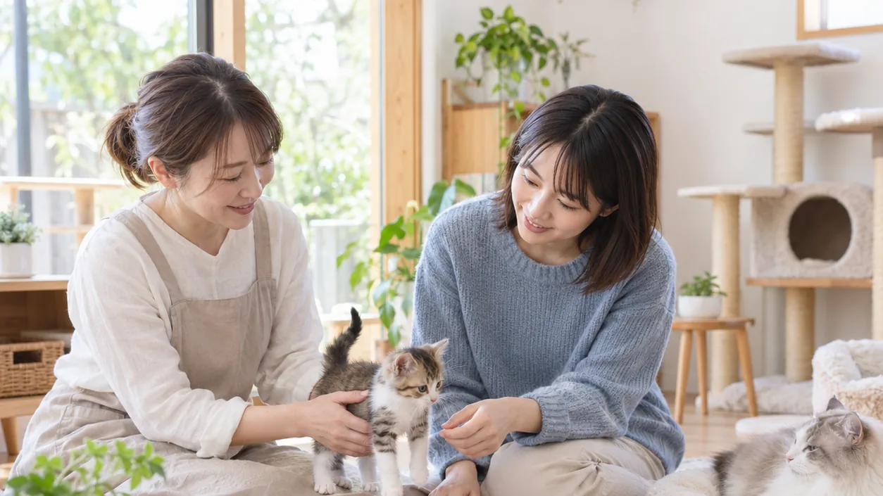 迎える前に子猫の様子や健康記録を確かめる場面