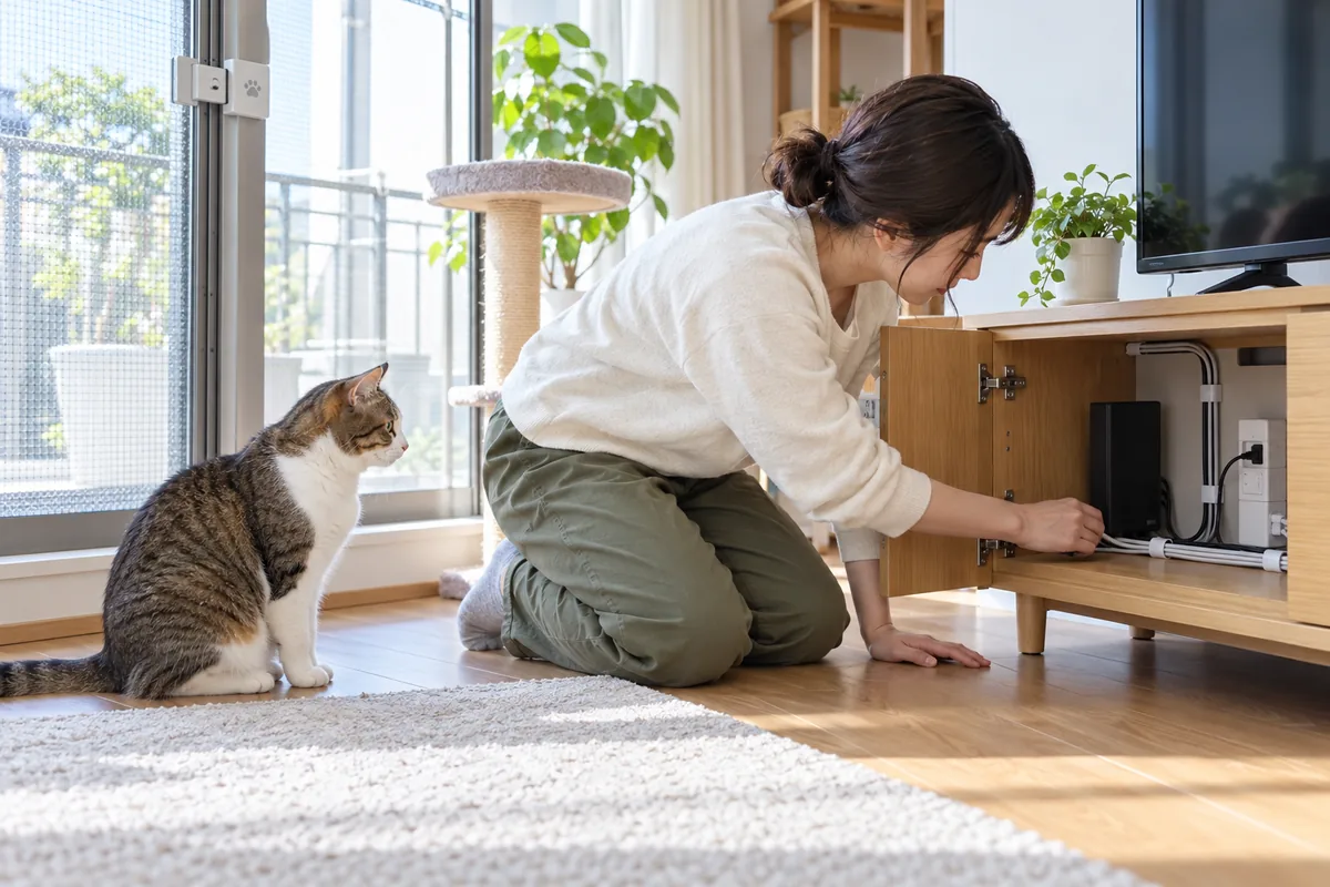 窓と家具と電源コードを猫の目線で確認する室内