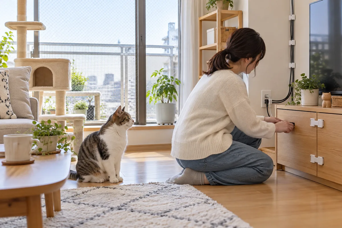 安全対策を整えた明るい室内でくつろぐ猫と飼い主