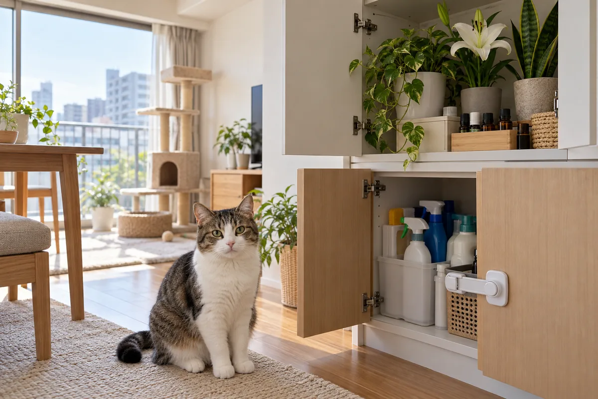 植物や薬品を猫から離して収納した安全な室内