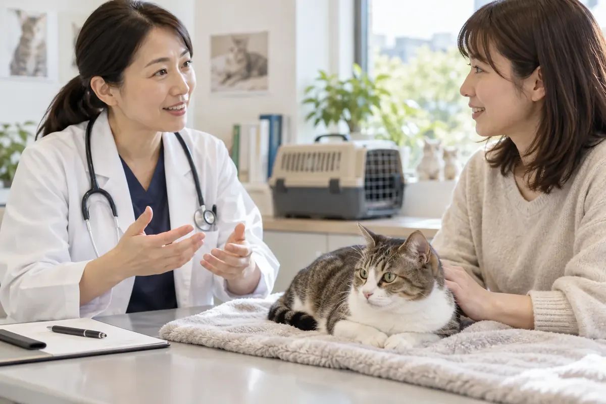 動物病院で獣医師と飼い主が猫の治療方針を相談している様子