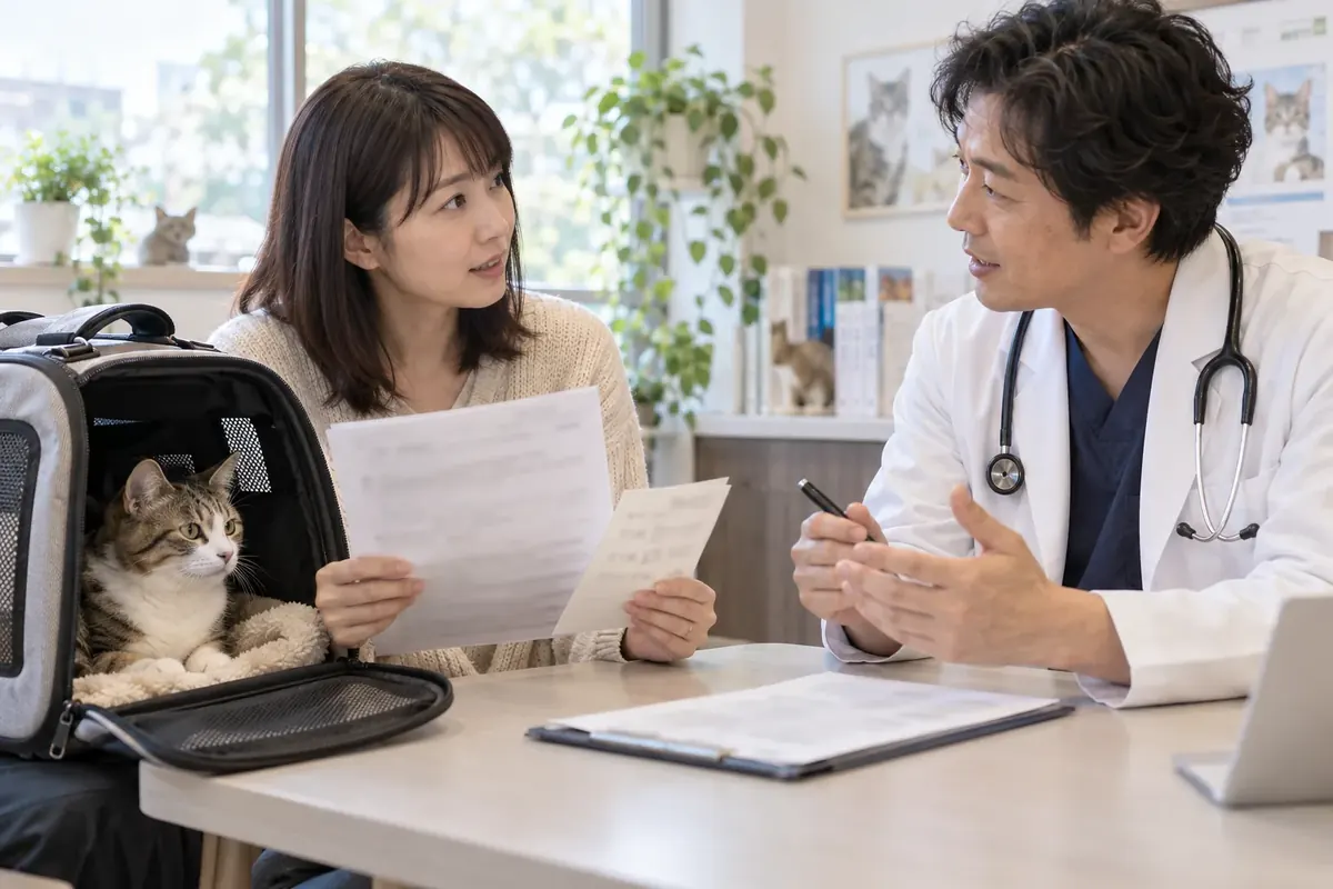 動物病院で飼い主が診療記録を見せながら獣医師に質問している様子