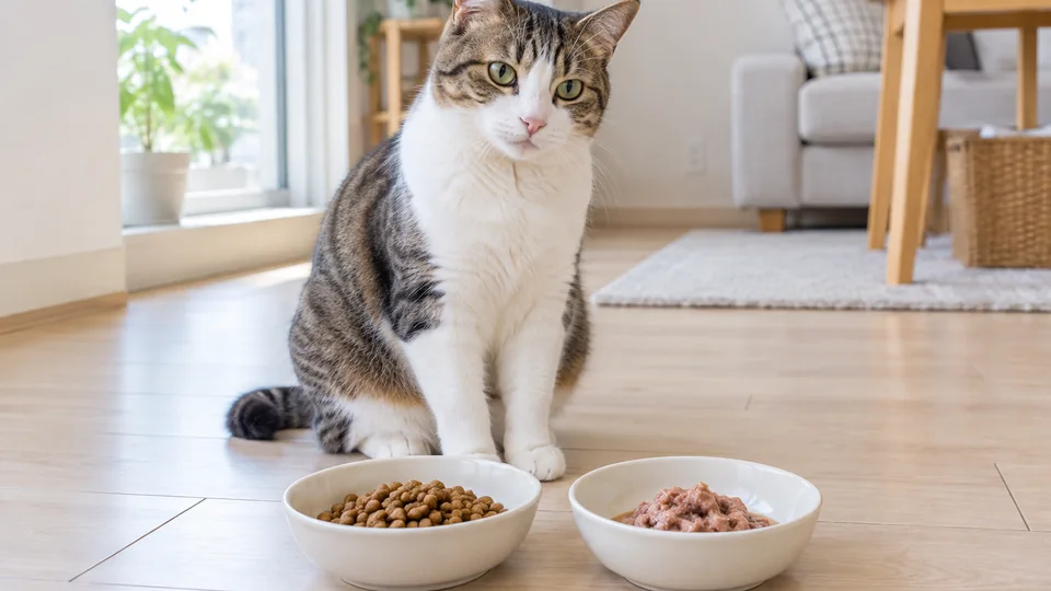 ドライフードとウェットフードを並べた器の前で過ごす猫