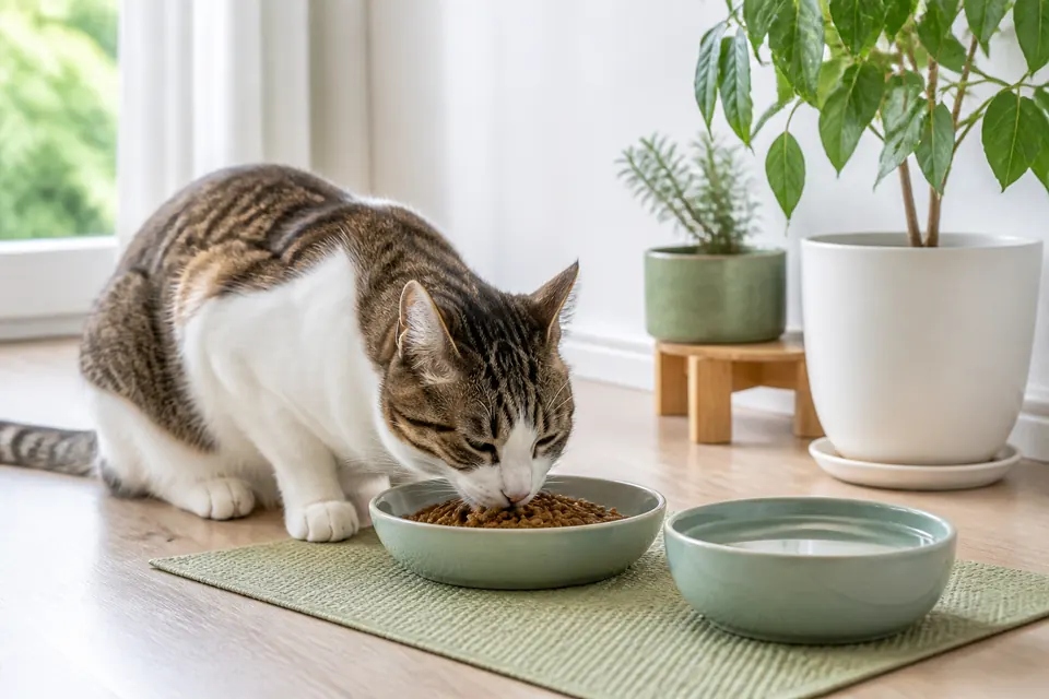 水飲み器のそばで浅い器のキャットフードを食べる猫