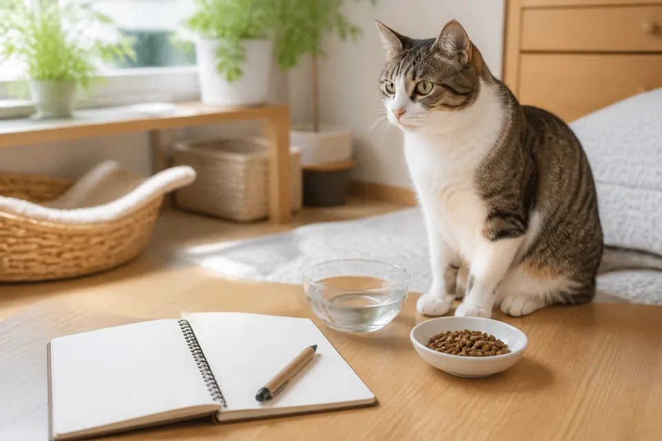 水飲み器と計量したキャットフードと白紙の記録ノートのそばに座る猫