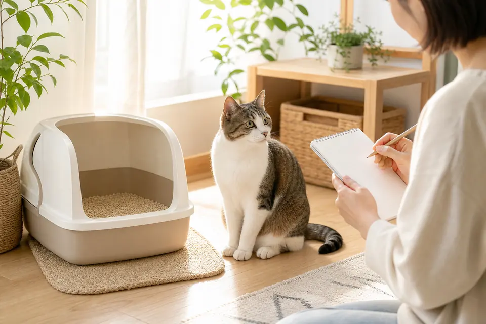 清潔な猫トイレの横で飼い主が排泄回数を記録しているイラスト
