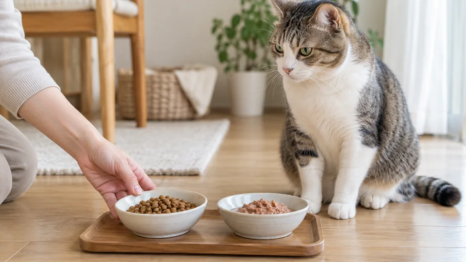猫のウェットフードとドライフードを別々の器に量り分けた食事スペース