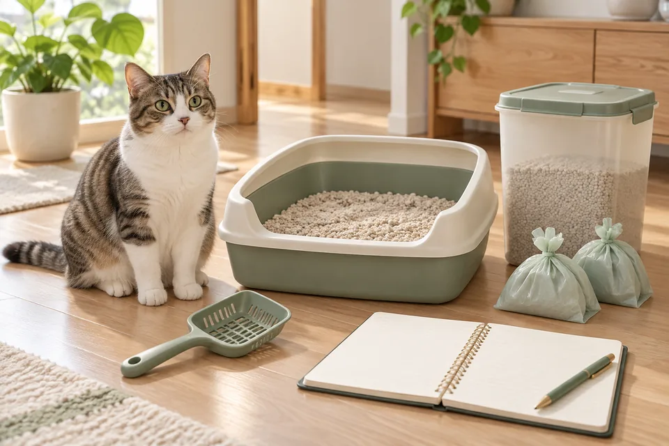 猫と一般的なトイレ用品を並べて維持費を考える明るい室内