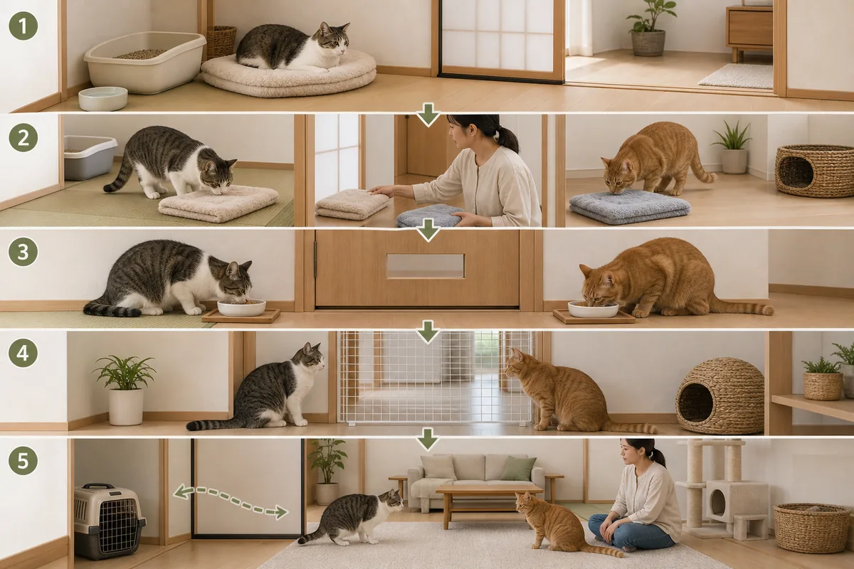 先住猫と新入り猫を別室から隔門越しの観察、短時間の対面へ進める5段階のイラスト
