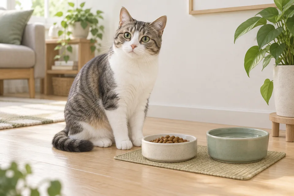 水と食事を用意した静かな室内で過ごす猫