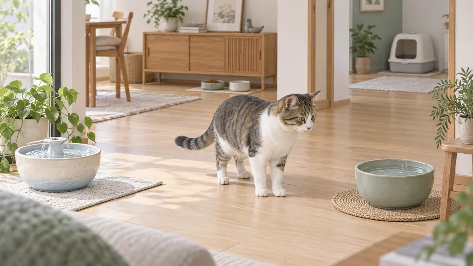 食事場所とトイレを分けた室内で水を飲む猫