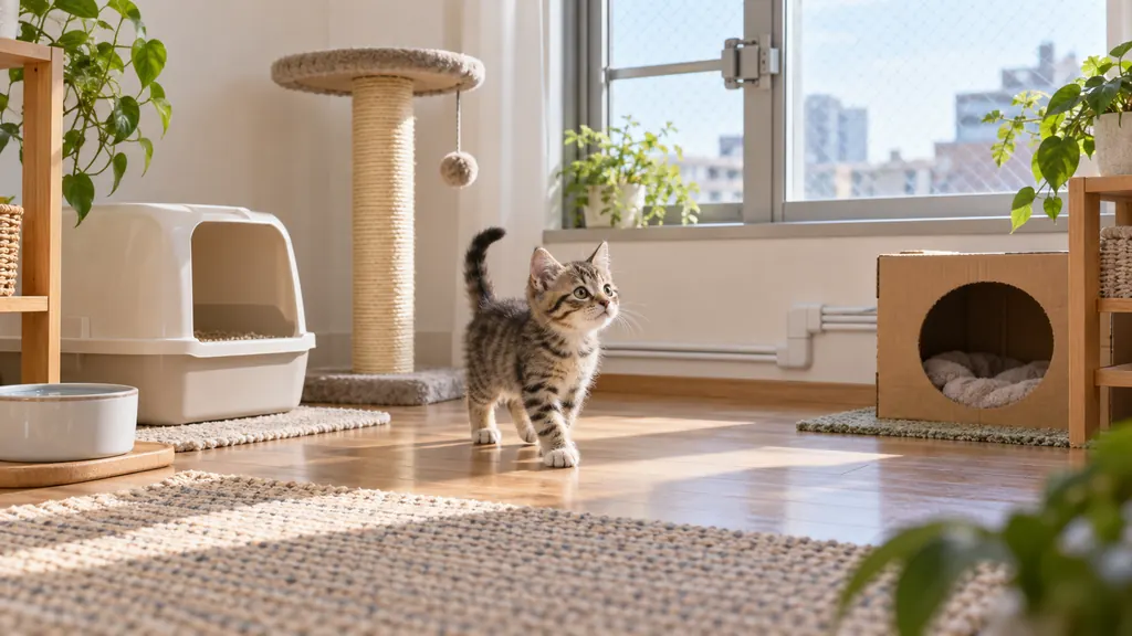 危険物を片付けた明るい部屋を歩く子猫