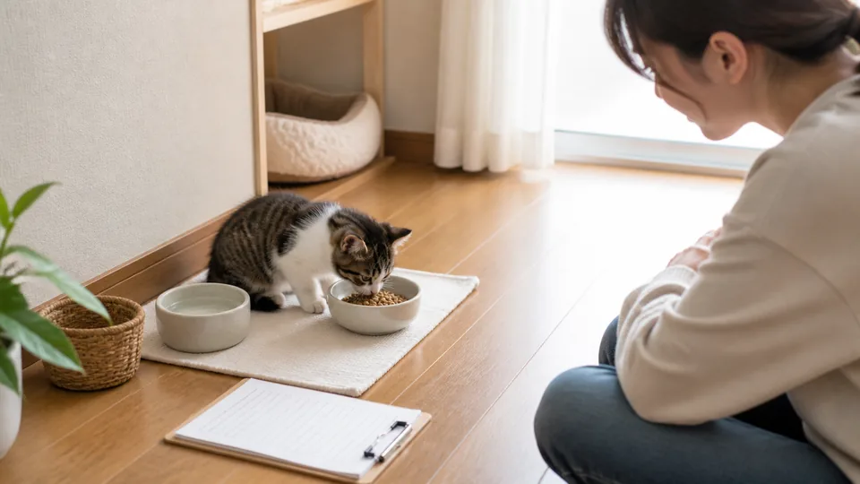 静かな食事場所で子猫の食事と水を観察する飼い主