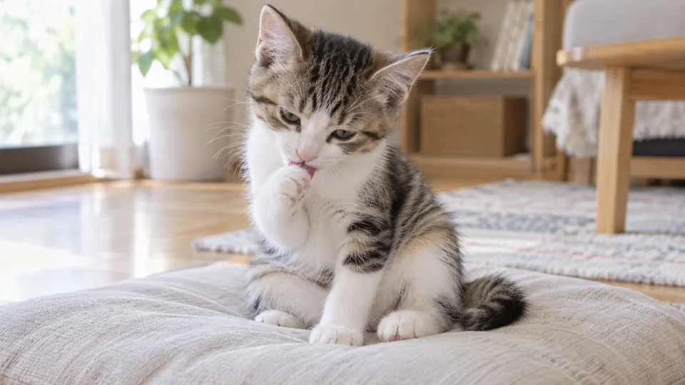 明るい室内で前足を毛づくろいする子猫