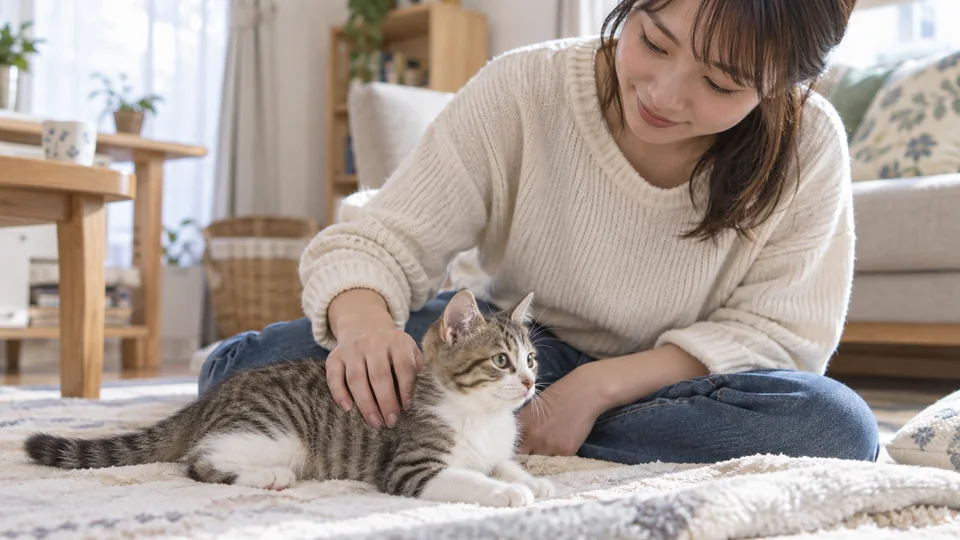 子猫の被毛と様子をそっと観察する飼い主