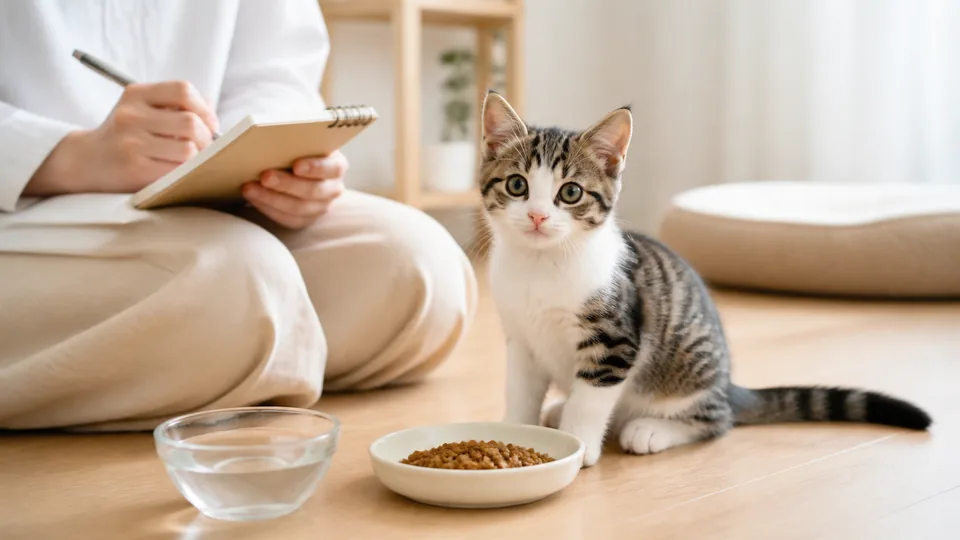 子猫が餌と水の器のそばで飼い主の観察を受けている明るい室内