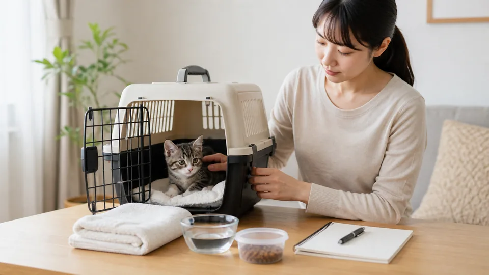 キャリーとタオルと記録ノートを用意して子猫の受診準備をする様子