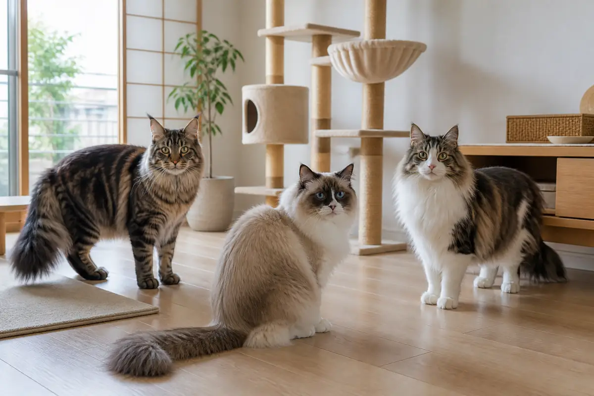 メインクーンやラグドールなどの大型猫が明るい室内で過ごす様子