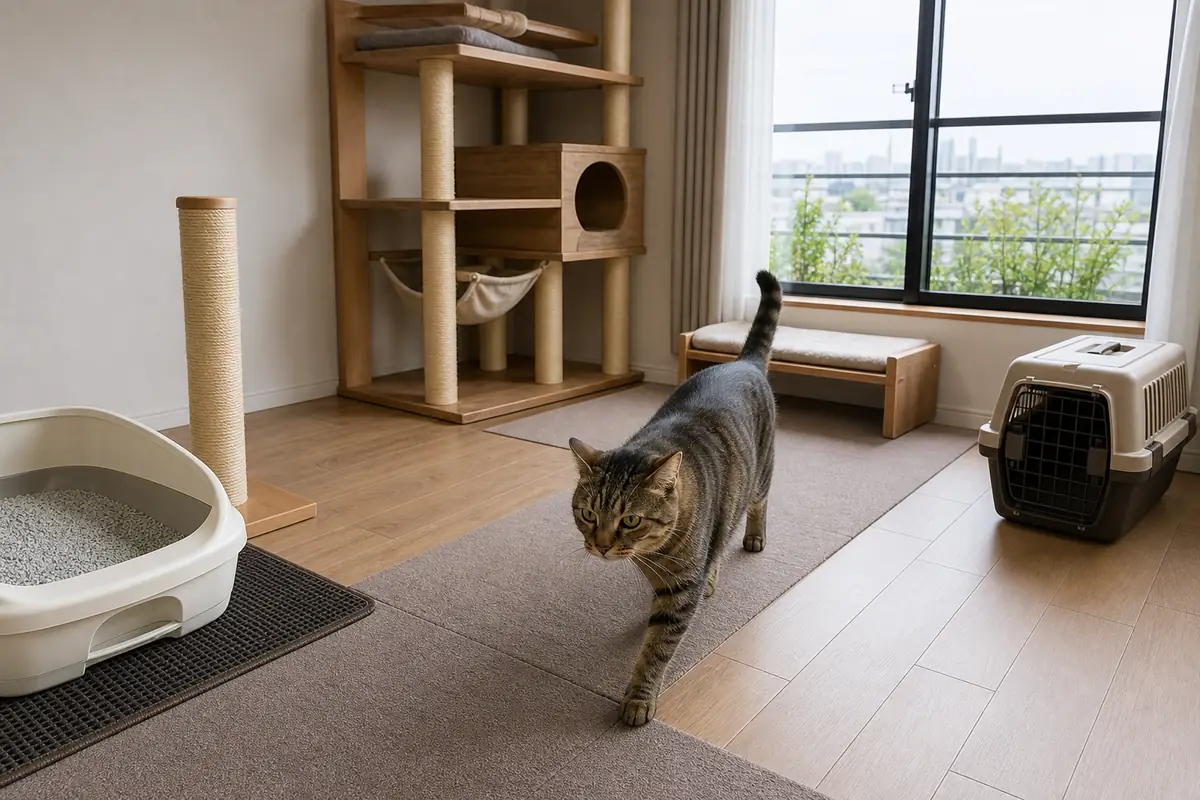 大型猫が使いやすい幅広いトイレと安定したキャットタワーを置いた室内