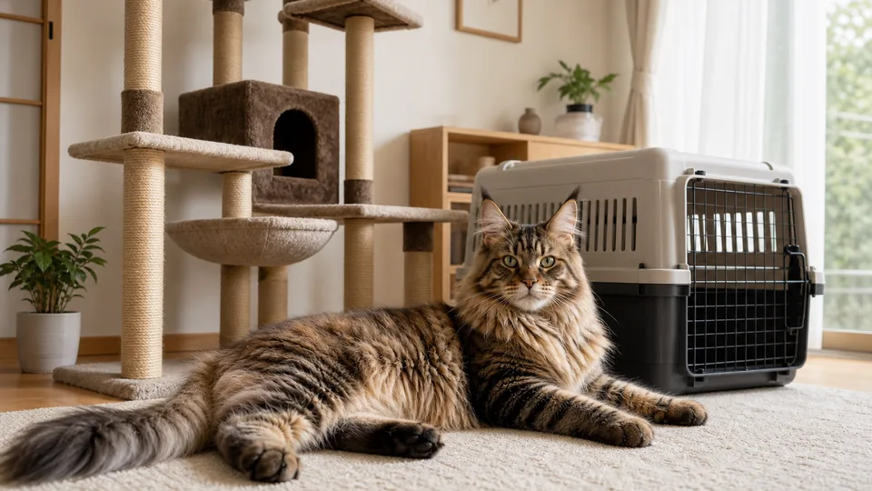 明るい室内で大型のメインクーンがキャリーと安定した猫タワーのそばで休んでいる様子