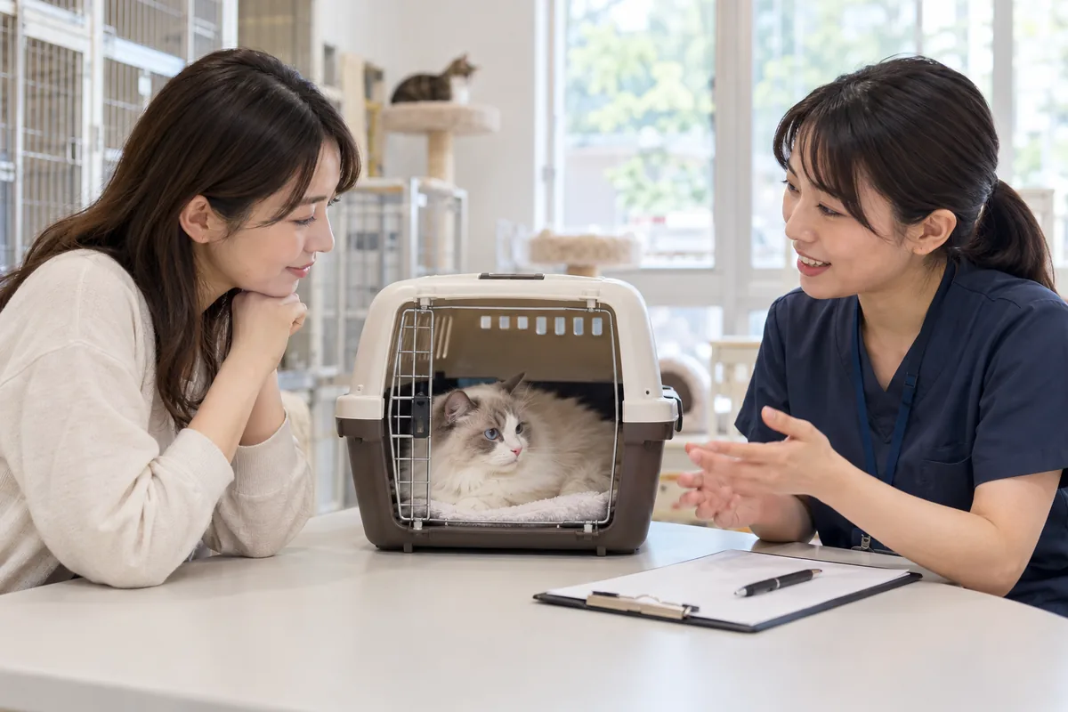 保護猫施設でラグドールの里親相談をする人とスタッフ