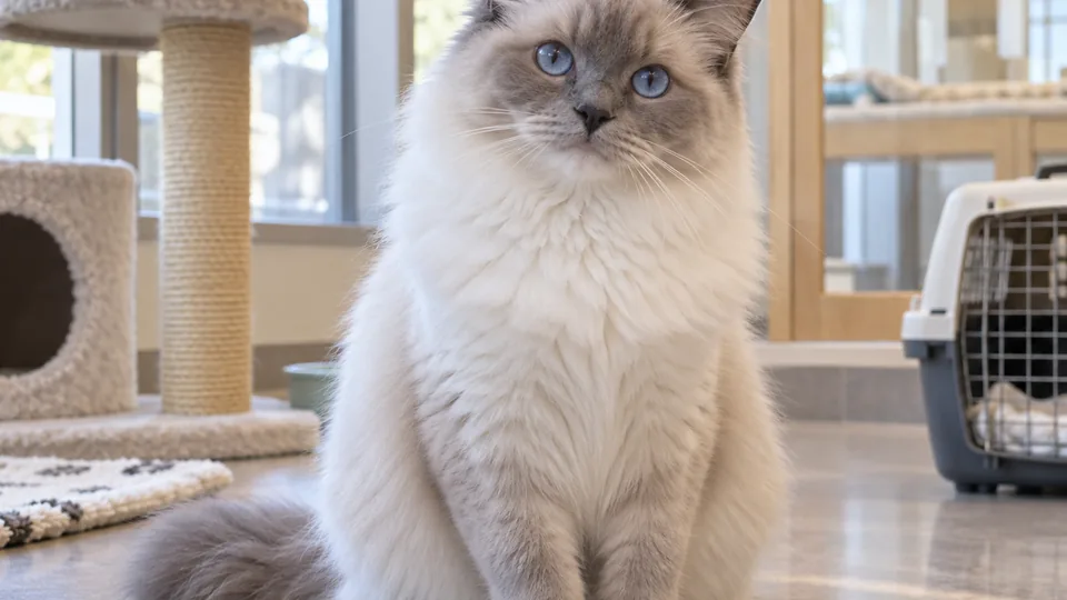 保護猫施設の明るい部屋でこちらを見るラグドール