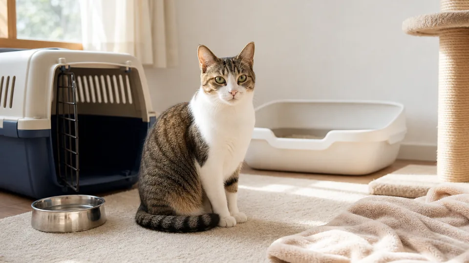 キャリーや猫トイレを用意した明るい部屋で過ごす保護猫