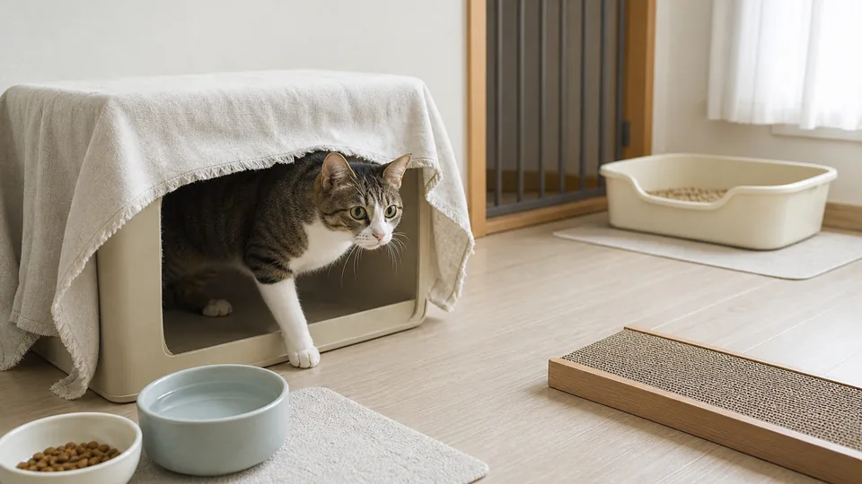 隠れ場所と猫トイレを用意した部屋から慎重に出てくる保護猫