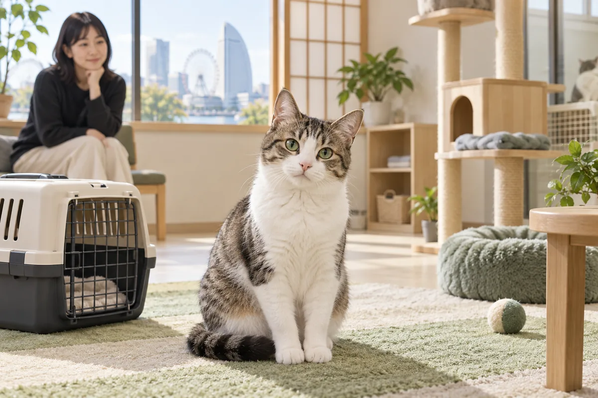 横浜の室内で新しい家族を待つ保護猫とキャリーケース