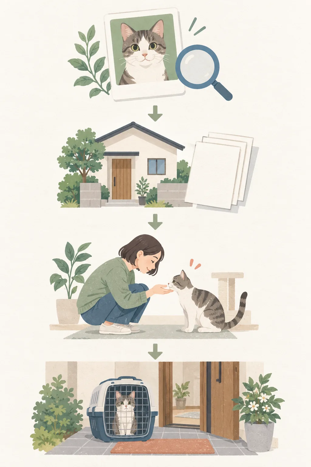 横浜で猫の里親を探す時の掲載確認から面談とお迎えまでの流れを表すイラスト